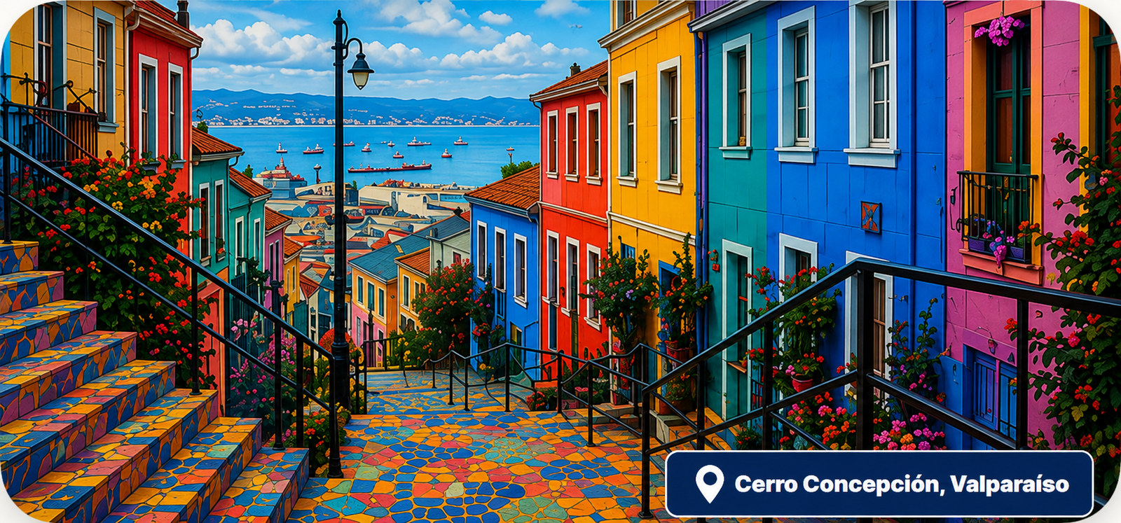 Vista colorida de las escaleras y casas del Cerro Concepción, con la bahía de Valparaíso al fondo.